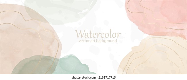 Watercolor vector art background. Hand drawn wallpaper design  for cards, flyer, poster, banner, cover design, invitation cards and wall art. Pastel color Illustration. Beige, pink, green, gold lines.