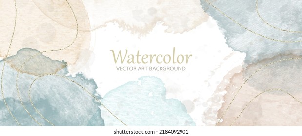 Watercolor vector art background. Hand drawn wallpaper design for cards, flyer, poster, banner, cover design, invitation cards, flyers and wall art. Pastel color Illustration. Blue, beige, gold lines.