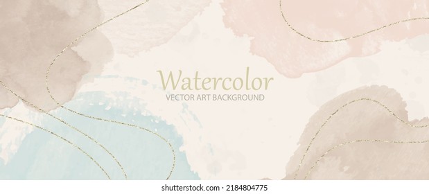 Watercolor vector art background. Hand drawn wallpaper design for cards, flyer, poster, banner, cover design, invitation cards and wall art. Pastel color Illustration. Beige, pink, blue, gold lines.