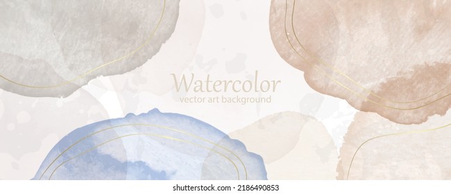 Fondo de arte vectorial de acuarela. Diseño de papel pintado a mano para tarjetas, volante, afiches, banner, diseño de portada, tarjetas de invitación y arte de pared. Ilustración de color Pastel. Beige, azul, líneas doradas.	