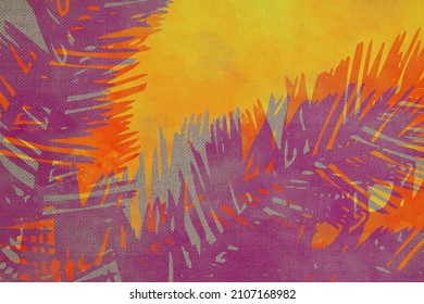 Watercolor vector art background with palm leaves. Hand drawn illustration. Palm. Painted texture. Canvas. Template. Artistic backdrop. Blank. Wallpaper for card. Handmade textured surface.