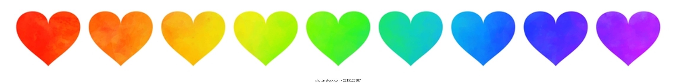 Watercolor vector art background with rainbow colorful hearts. Valentines. Hand drawn luxury illustration for cards, flyer, poster, banner and cover design. Template for Valentine's day.