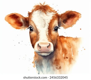 Watercolor vector art of a Charming Cow. Adorable watercolor painting of a close-up view of a cow's head. The cow has a gentle expression and large brown eyes