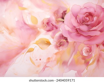 Arte vector acuarela de una delicada rosa rosa en flor total, belleza abstracta fondo polvoriento. Los pétalos aterciopelados de la rosa se están desplegando suavemente, revelando un corazón de estambres dorados