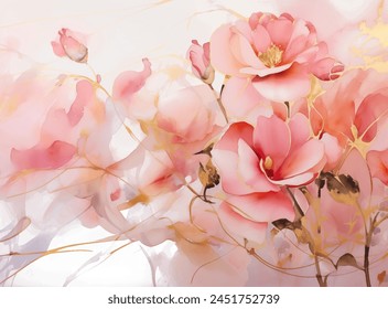 Arte vectorial de acuarela de un delicado rosa flores en plena floración, belleza abstracta polvorienta fondo rubor. Los pétalos aterciopelados de la rosa se despliegan suavemente, revelando un corazón de estambres dorados