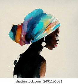 Watercolor vector artwork of fashion design with artistic expression, with a black woman adorned in a headwrap and jewelry. Portrait of fashionable afro american woman adorned in an elegant turban