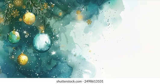 Watercolor vector artwork of vibrant holiday scene with a green and gold Christmas tree decorations, joy and celebration through festive ornaments. Lively and joyous depiction of the holiday spirit