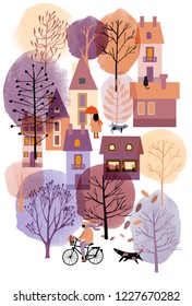 Watercolor vector autumn  cityscape