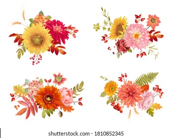 Watercolor vector autumn flowers bouquets, orange hydrangea, fern, dahlia, red rowan berry, sunflower, fall leaves collection. Isolated Floral colorful Set
