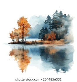 A watercolor vector of autumn fog rolling across a quiet lake, isolated on white background.
