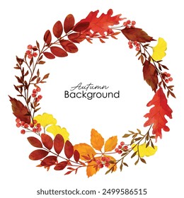 Watercolor vector autumn frame with leaves and branches. Autumn foliage watercolor frame, fall leaves, acorns, berries, spruce branch. Forest design elements illustration