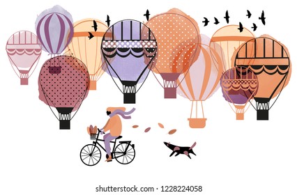 Watercolor vector autumn landscape with air balloon and girl with bicycle