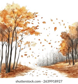 A watercolor vector of autumn leaves falling in a forest, isolated on white background.