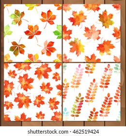 Watercolor vector autumn leaves patterns set. Wreath of autumn leaves. Background with hand drawn autumn leaves. Fall of the leaves. Sketch, design elements. Vector illustration
