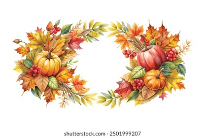 Watercolor vector autumn wreath  watercolor clipart illustration with isolated background, Autumn wreath