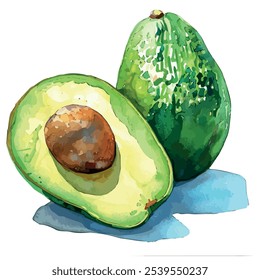 Watercolor vector of avocado, isolated on a white background, avocado painting