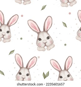 Watercolor vector Baby shower seamless pattern plush toy bunny. Toys and green leaves