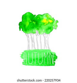 Watercolor vector background. Autumn. Trees. Blobs, stain, paints blot.