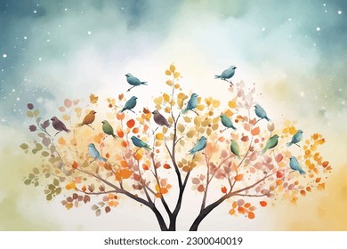 Watercolor Vector Background With Birds | Hand-Painted Wall Mate