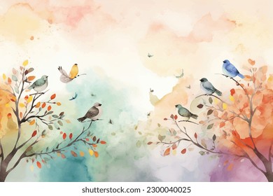 Watercolor Vector Background With Birds | Hand-Painted Wall Mate