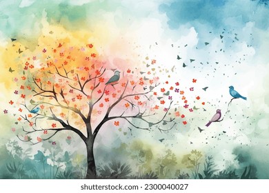 Watercolor Vector Background With Birds | Hand-Painted Wall Mate