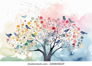 Watercolor Vector Background With Birds | Hand-Painted Wall Mate