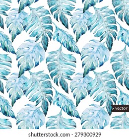 watercolor vector background with blue leaves monstera