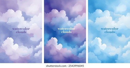 Watercolor vector background with blue, purple, pink sky and clouds. Sugar cotton texture, fantasy gradient, dreamy pastel color. Abstract set for colored vertical  banners. 