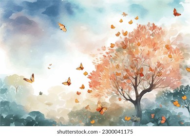 Watercolor Vector Background With butterfly | Hand-Painted Wall Mate Vector Background