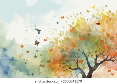 Watercolor Vector Background With butterfly | Hand-Painted Wall Mate Vector Background