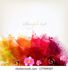 Watercolor vector background with colorful flower and blots. Abstract floral design elements .