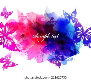 Watercolor vector background with colorful flower and butterflies. Abstract floral elements