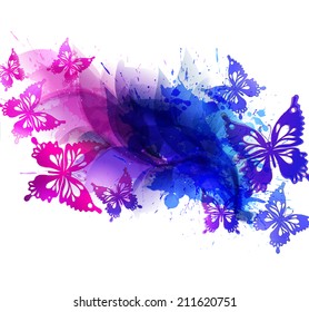 Watercolor vector background with colorful flower and butterflies. Abstract floral elements