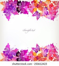 Watercolor vector background with colorful flower and butterflies.Fantasy frame.