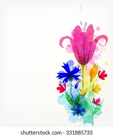  Watercolor vector background with colorful flowers and blots.Floral elements .