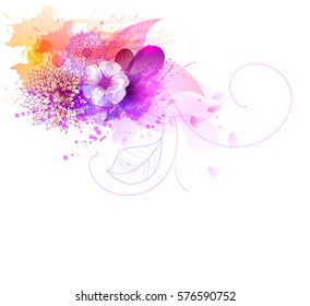 Watercolor vector background with colorful flowers. Abstract floral elements