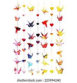 watercolor vector background with colorful garlands of origami cranes