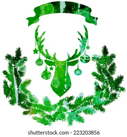 watercolor vector background with a deer with a wreath and ribbon 