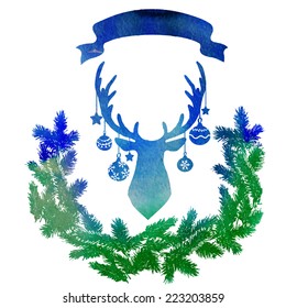 watercolor vector background with a deer with a wreath and ribbon 