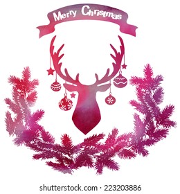 watercolor vector background with a deer with a wreath and ribbon 