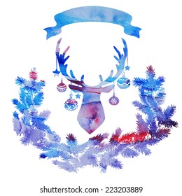 watercolor vector background with a deer with a wreath and ribbon 