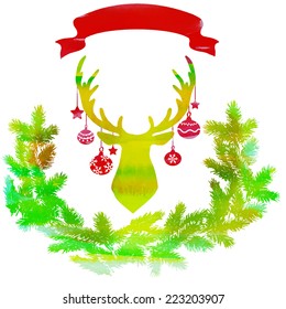 watercolor vector background with a deer with a wreath and ribbon 
