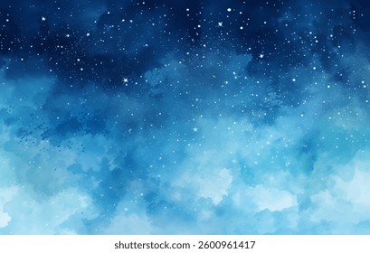 A watercolor vector background features a starry night sky filled with twinkling stars, blending deep blue tones with lighter azure shades. This vibrant backdrop suits artistic projects