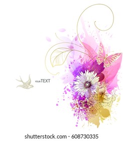 Watercolor vector background with flowers. Abstract floral elements