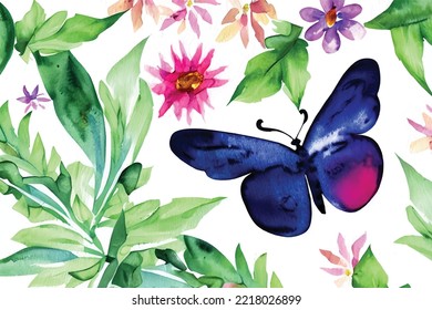 watercolor vector background with flowers and leaf, butterfly