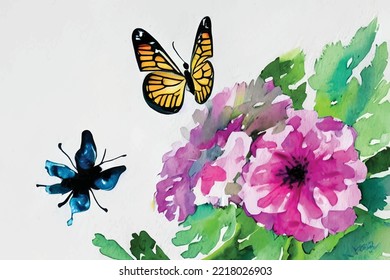 watercolor vector background with flowers and leaf, butterfly