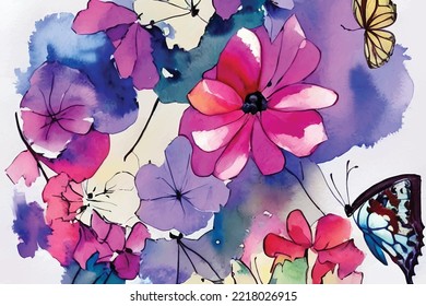 fondo vector de acuarela con flores y hojas, mariposa