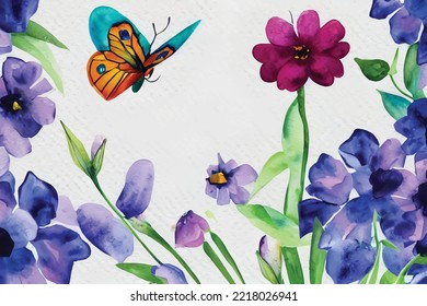 watercolor vector background with flowers and leaf, butterfly
