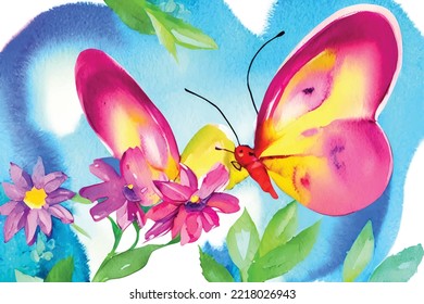 watercolor vector background with flowers and leaf, butterfly