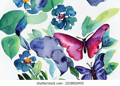 fondo vector de acuarela con flores y hojas, mariposa